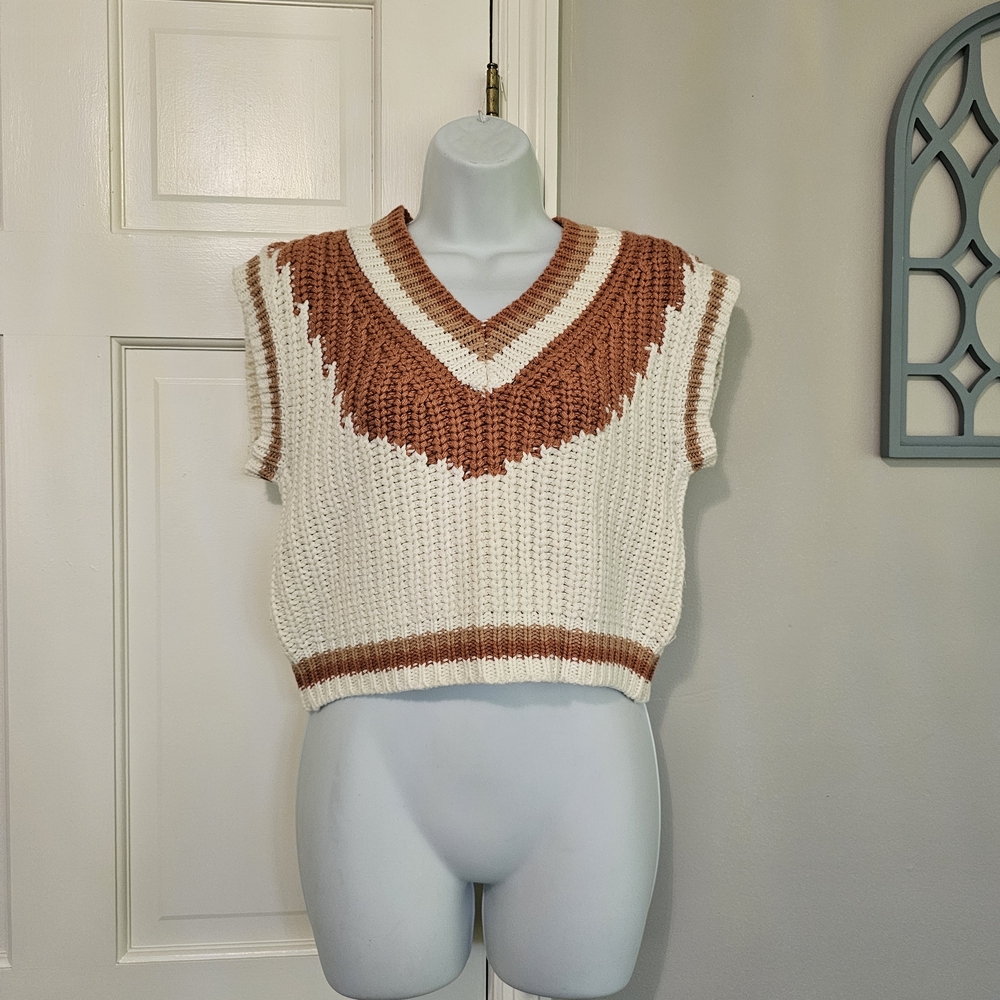 Sadie & Sage Cream and Brown V-Neck Sweater - Picture 1 of 4